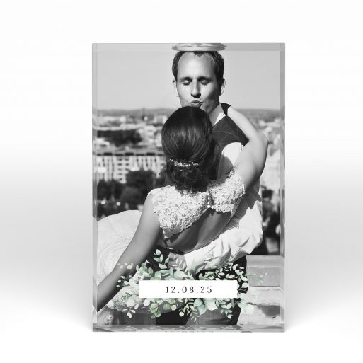 A front side view of a portrait layout Acrylic Photo Block with space for 1 photo. Thiis design is named "Sealed with Love". 