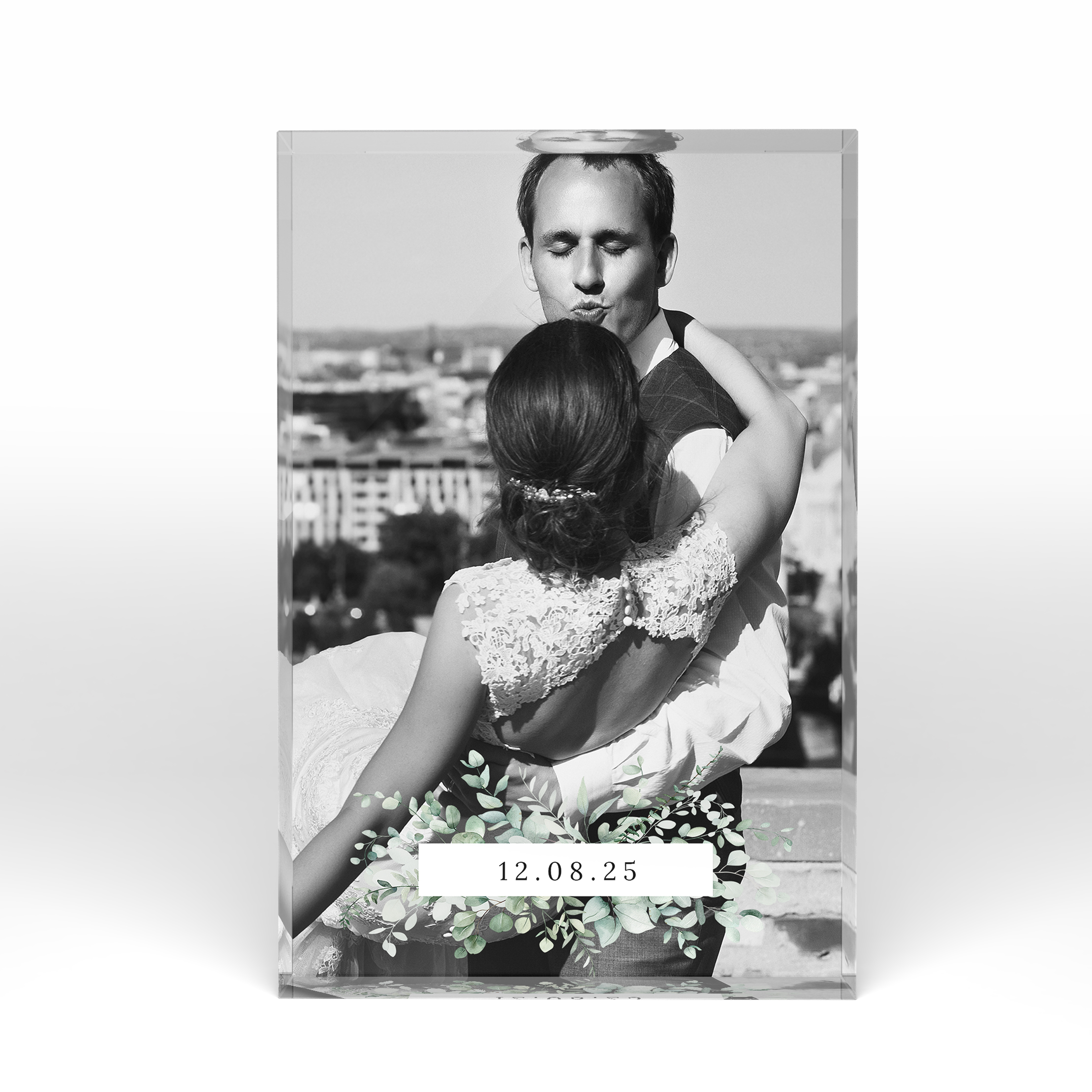 A front side view of a portrait layout Acrylic Photo Block with space for 1 photo. Thiis design is named "Sealed with Love". 