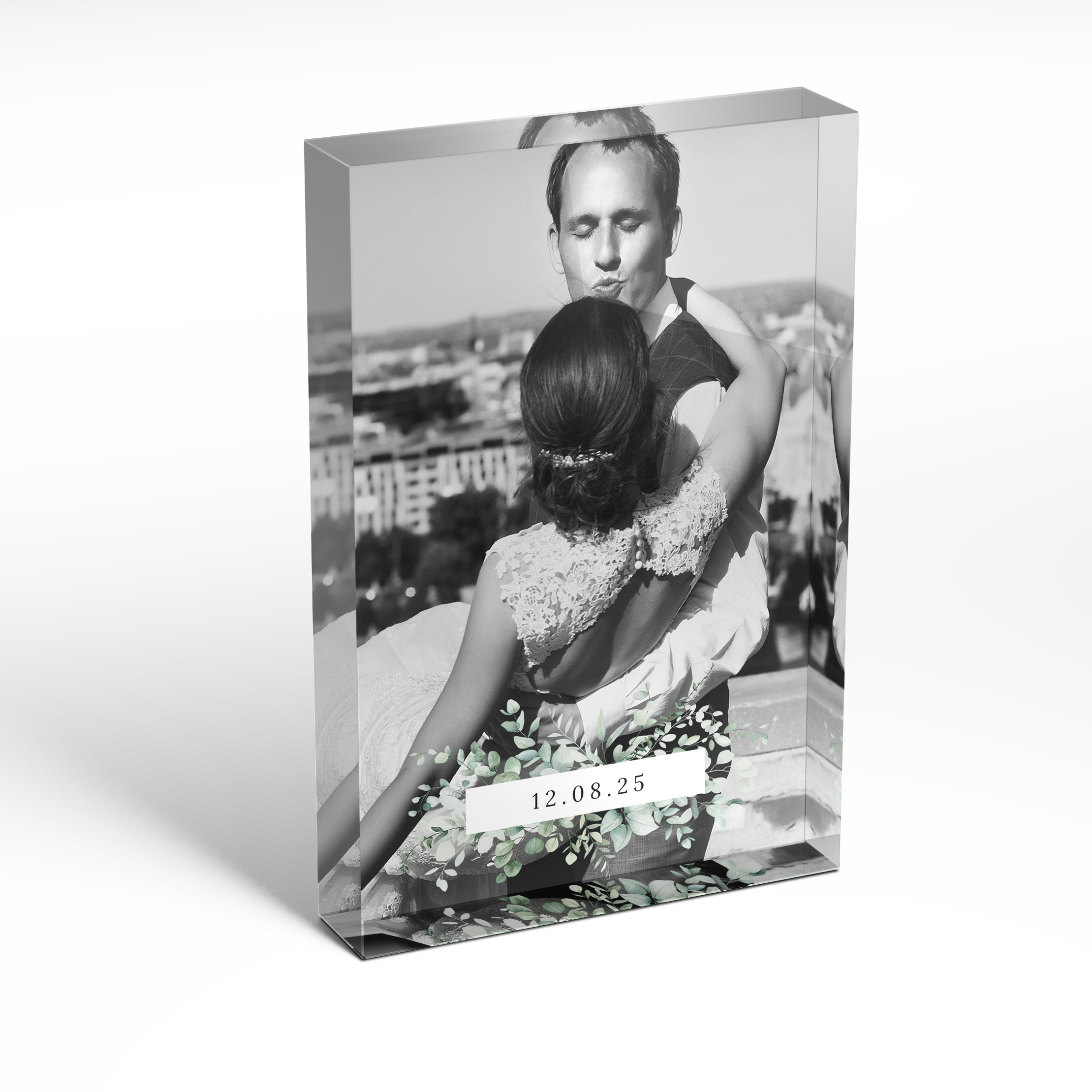 A front side view of a portrait layout Acrylic Photo Block with space for 1 photo. Thiis design is named 'Sealed with Love'. 
