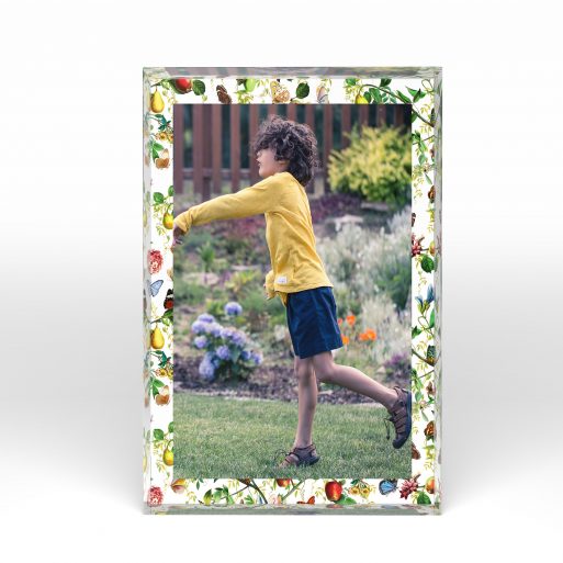 A front side view of a portrait layout Acrylic Photo Block with space for 1 photo. Thiis design is named "Timeless Treasure". 