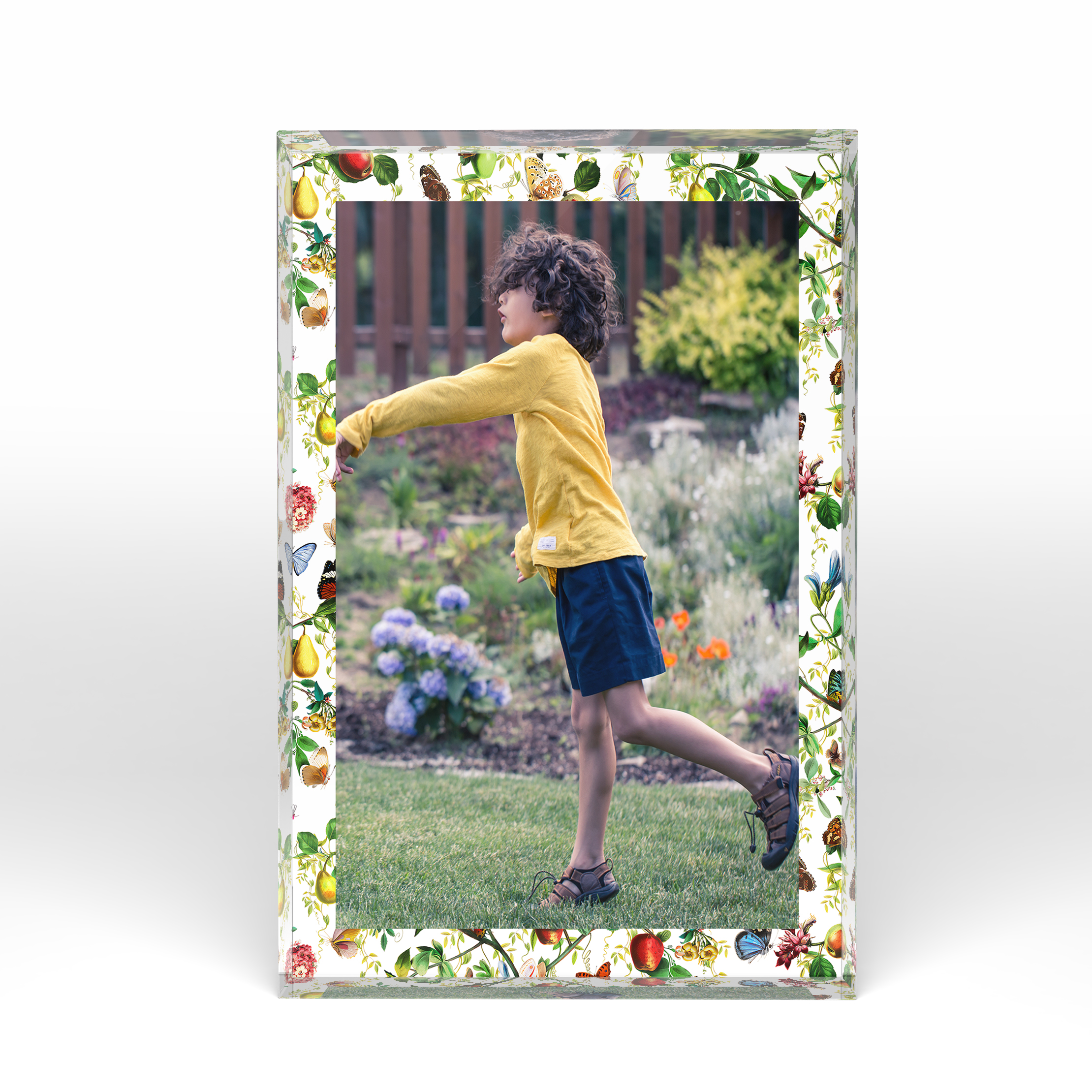 A front side view of a portrait layout Acrylic Photo Block with space for 1 photo. Thiis design is named "Timeless Treasure". 