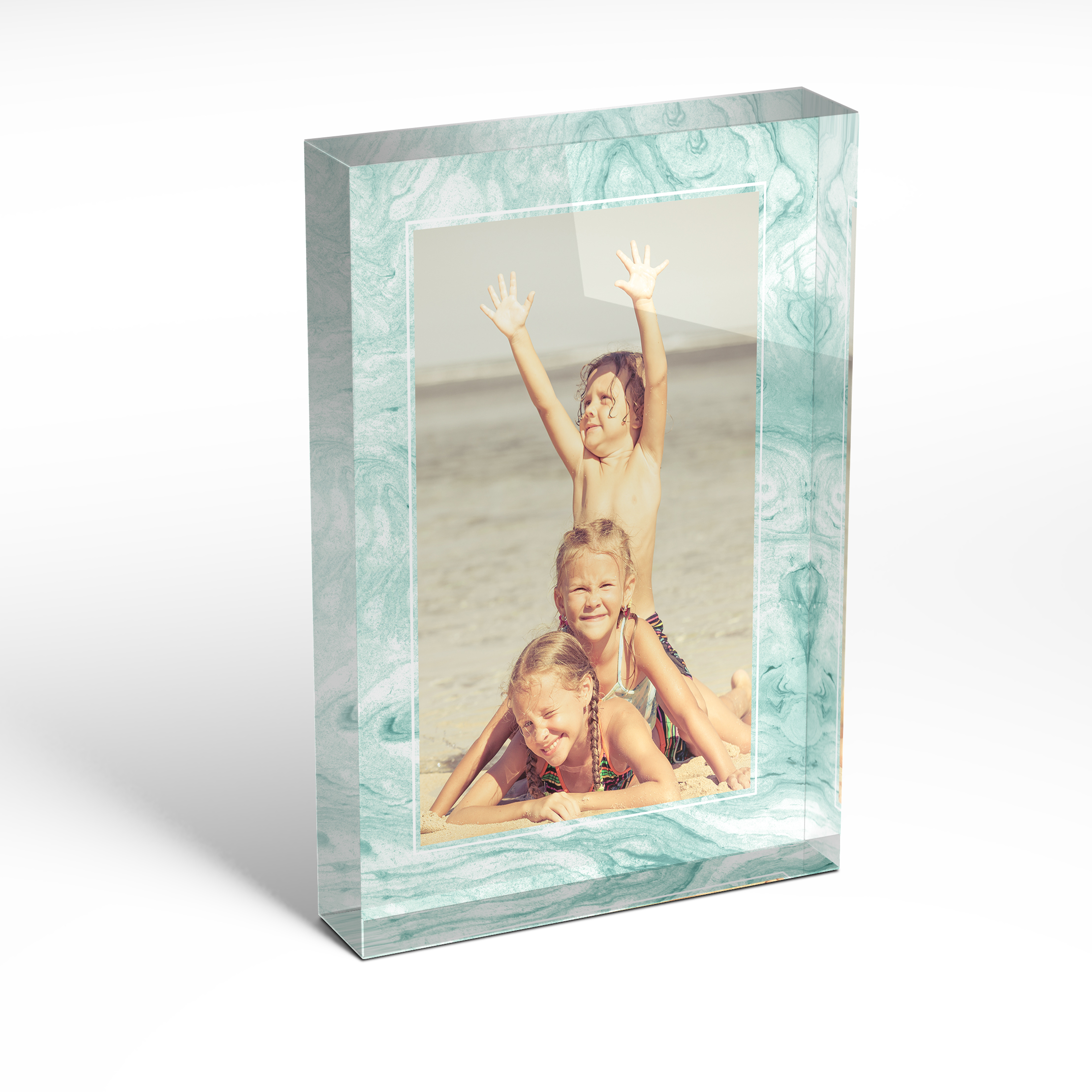 A front side view of a portrait layout Acrylic Glass Photo Block with space for 1 photo. Thiis design is named 'Treasured Frame'. 