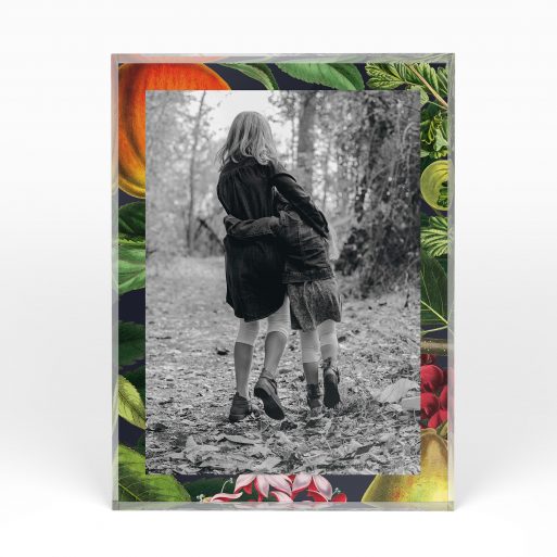 A front side view of a portrait layout Acrylic Photo Block with space for 1 photo. Thiis design is named "Vintage Floral Frame". 