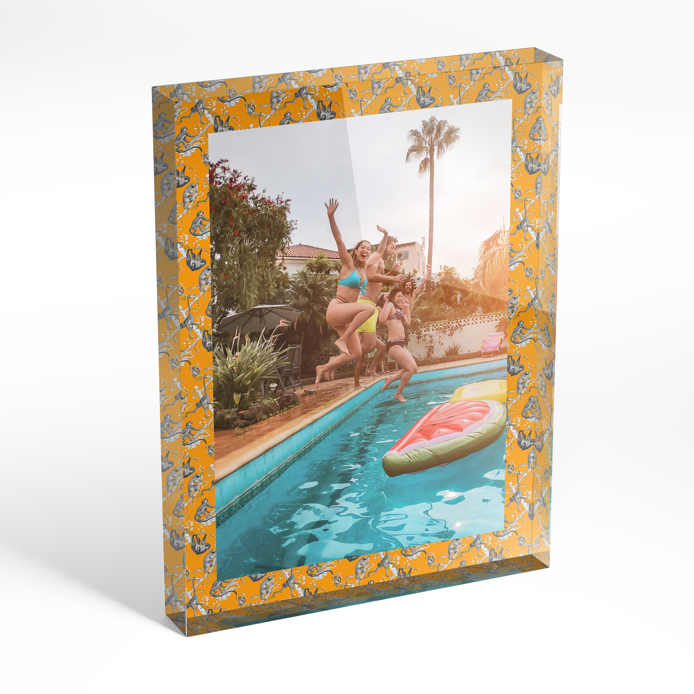 An angled side view of a portrait layout Acrylic Photo Block with space for 1 photo. Thiis design is named "Zingy Elegance". 