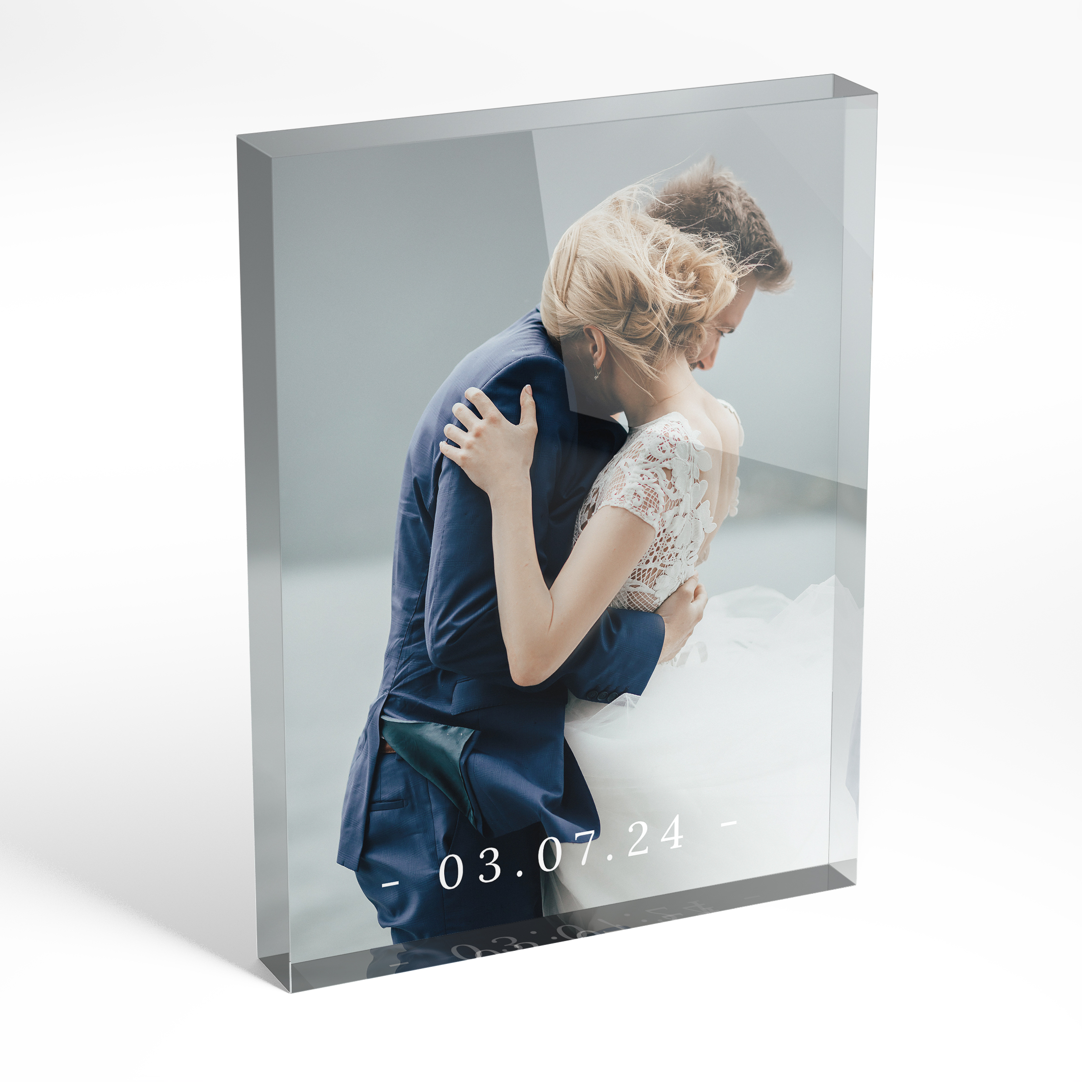 A front side view of a portrait layout Acrylic Glass Photo Block with space for 1 photo. Thiis design is named 'Date Stamp'. 