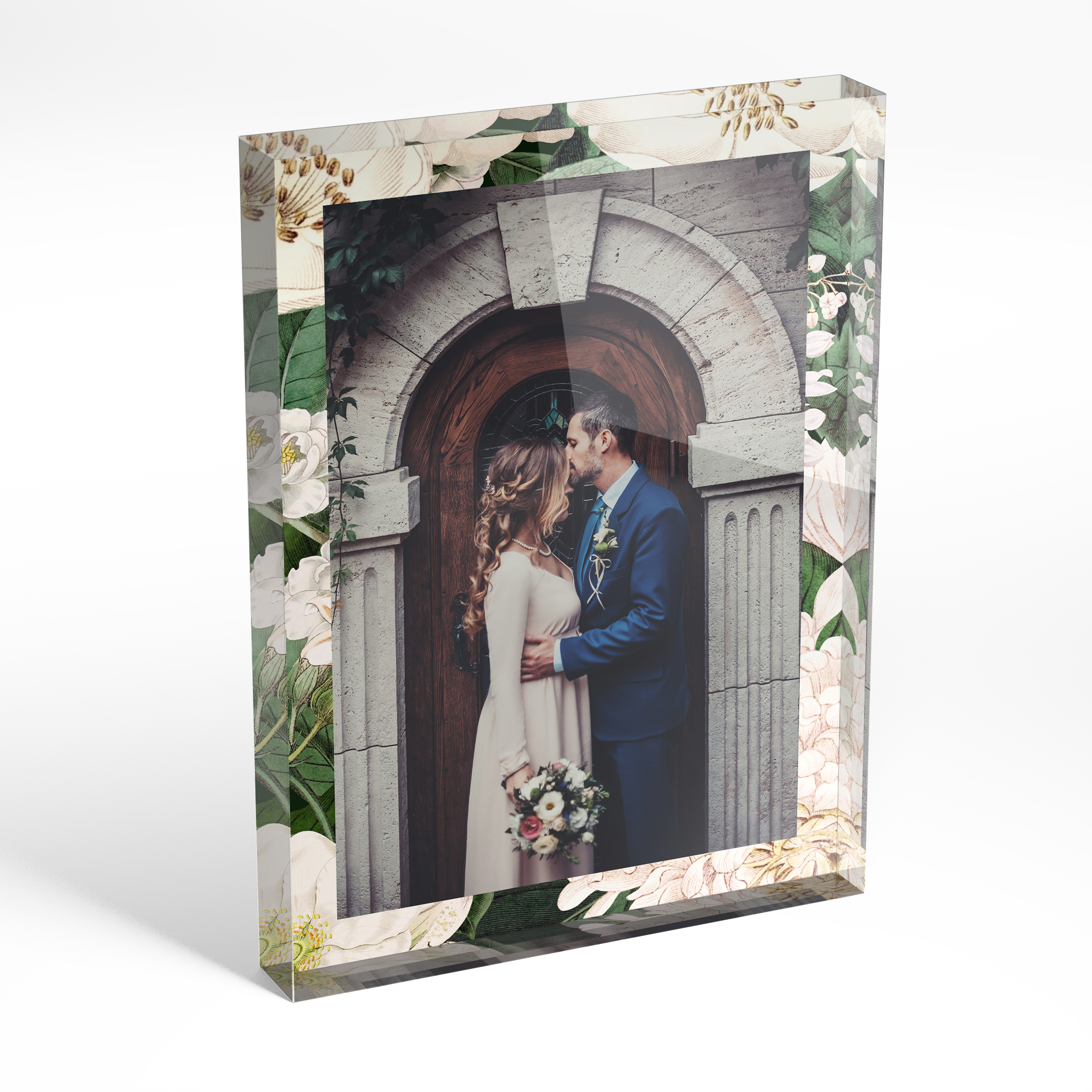 An angled side view of a portrait layout Acrylic Photo Gift with space for 1 photo. Thiis design is named "Everlasting Vow". 