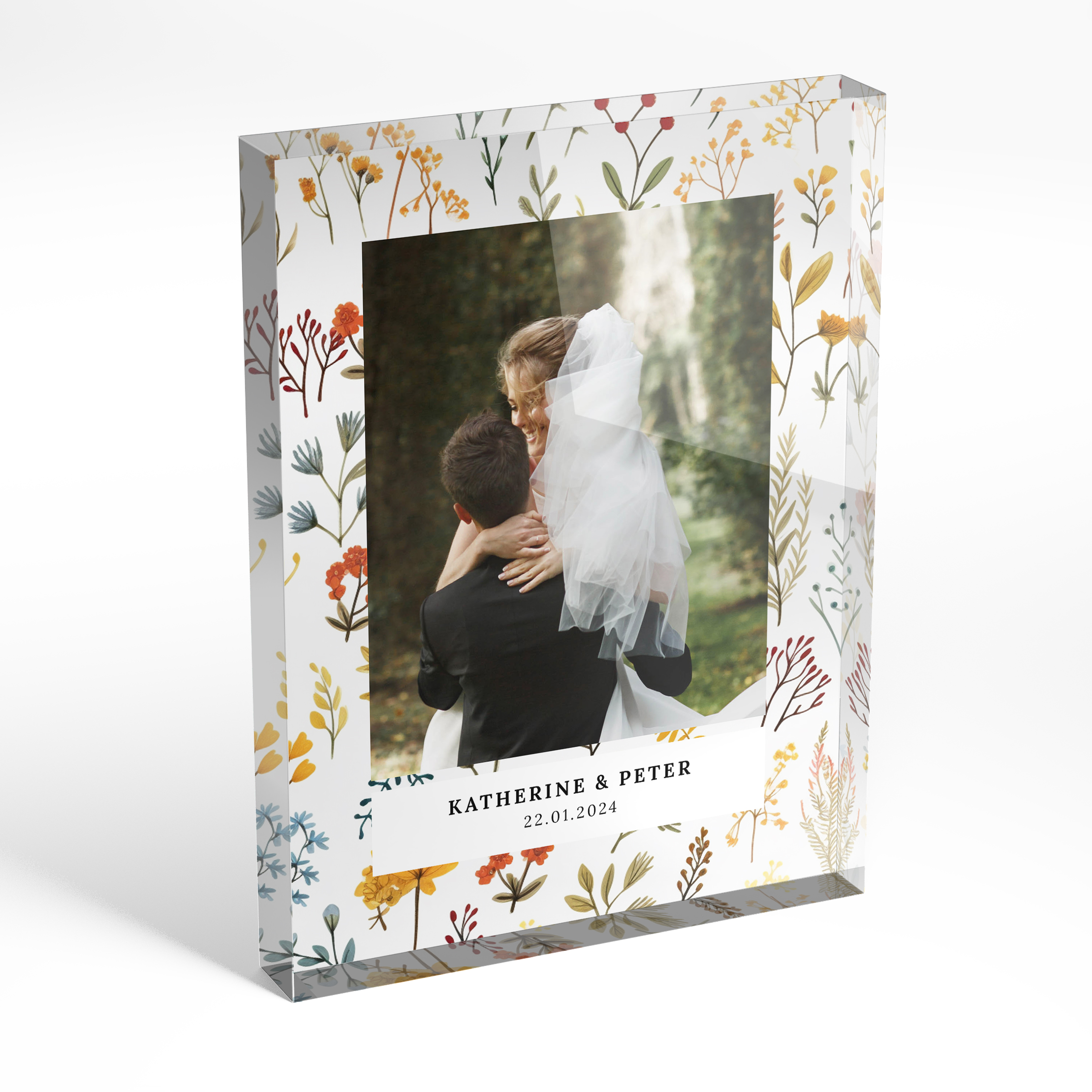 An angled side view of a portrait layout Acrylic Photo Gift with space for 1 photo. Thiis design is named "Floral Wedding Waltz". 