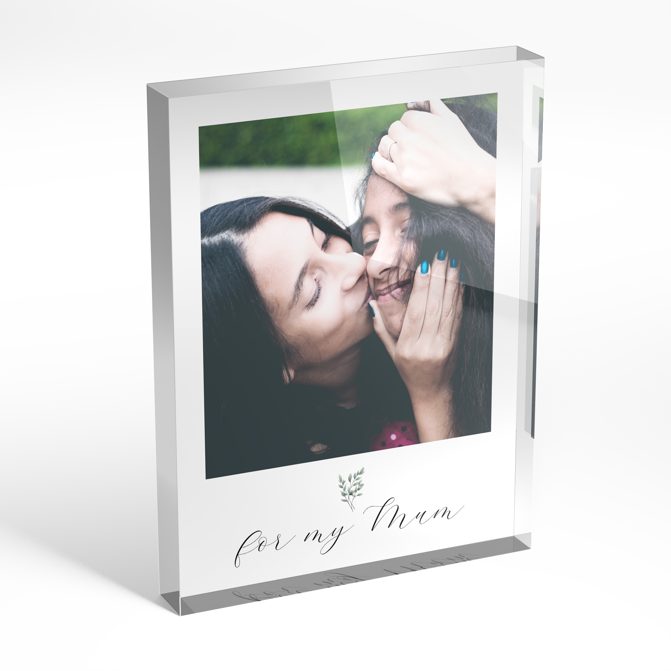 An angled side view of a portrait layout Acrylic Photo Gift with space for 1 photo. Thiis design is named "Mom's Smile". 