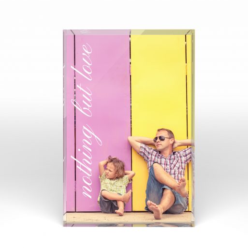A front side view of a portrait layout Acrylic Photo Gift with space for 1 photo. Thiis design is named "Nothing but Love". 