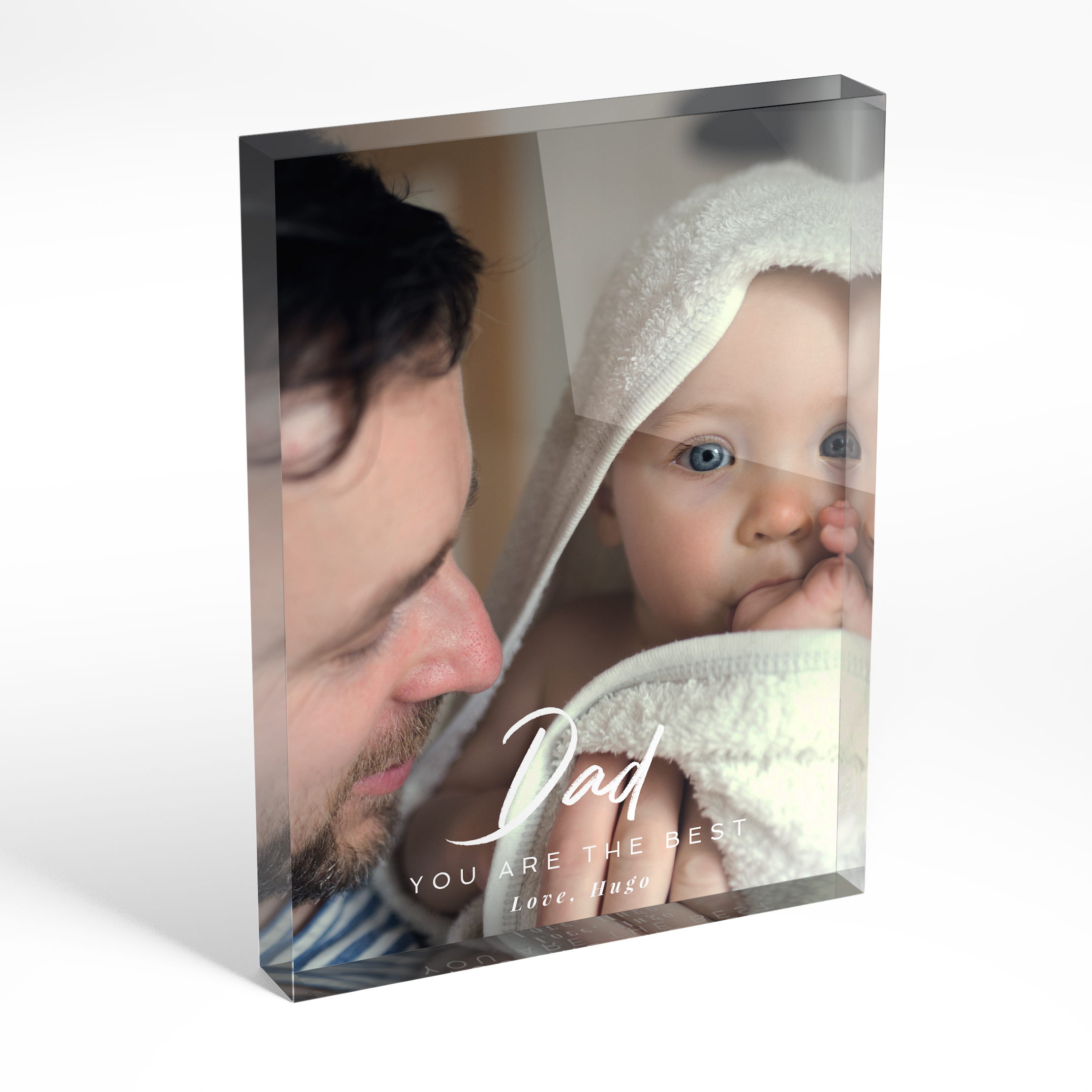 A front side view of a portrait layout Acrylic Photo Block with space for 1 photo. Thiis design is named 'Papa's Presence'. 