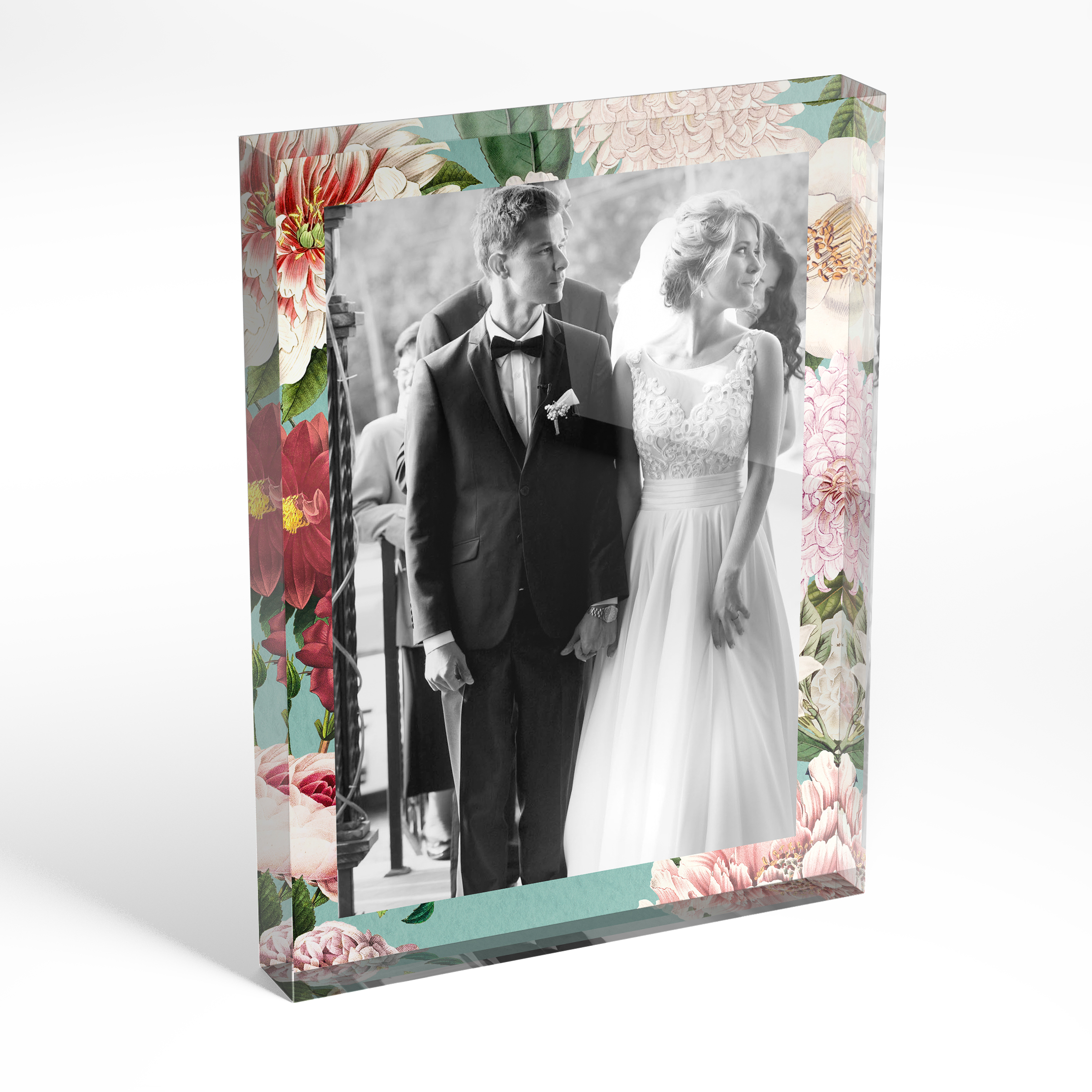 An angled side view of a portrait layout Acrylic Photo Gift with space for 1 photo. Thiis design is named "Sealed with a Kiss". 