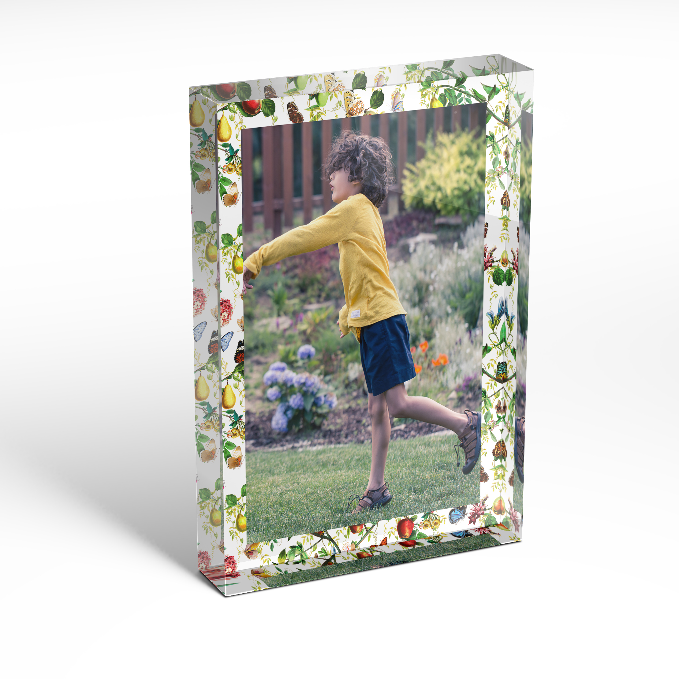 A front side view of a portrait layout Acrylic Photo Block with space for 1 photo. Thiis design is named 'Timeless Treasure'. 