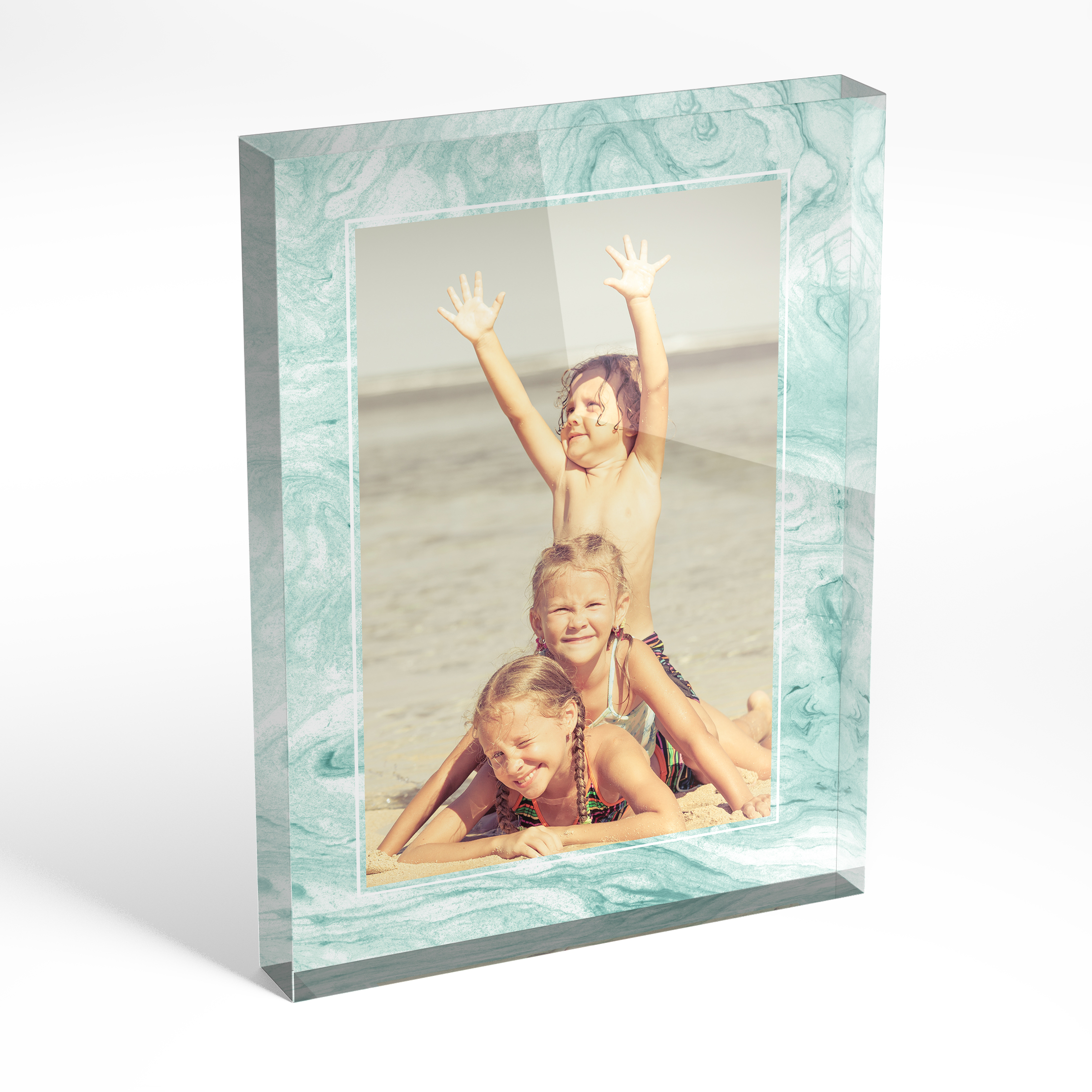 An angled side view of a portrait layout Acrylic Photo Gift with space for 1 photo. Thiis design is named "Treasured Frame". 