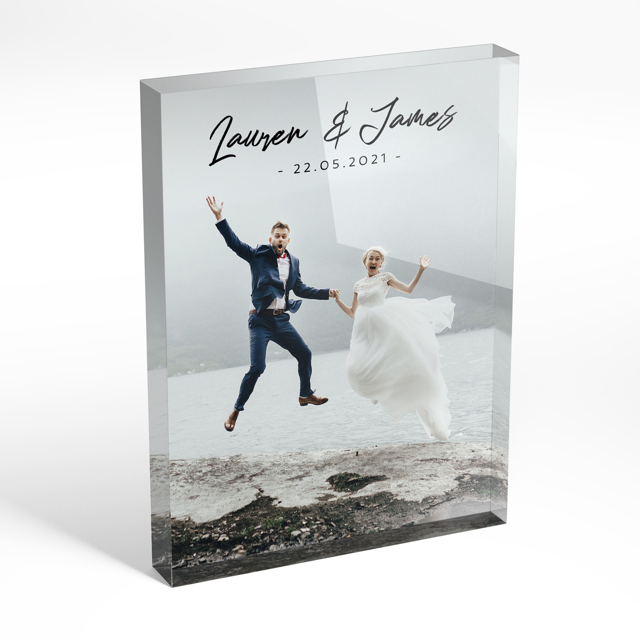 An angled side view of a portrait layout Acrylic Photo Gift with space for 1 photo. Thiis design is named "Wedding Bliss". 