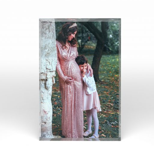 A front side view of a portrait layout Online acrylic photo blocks with space for 1 photo. Thiis design is named "Motherhood Magic". 