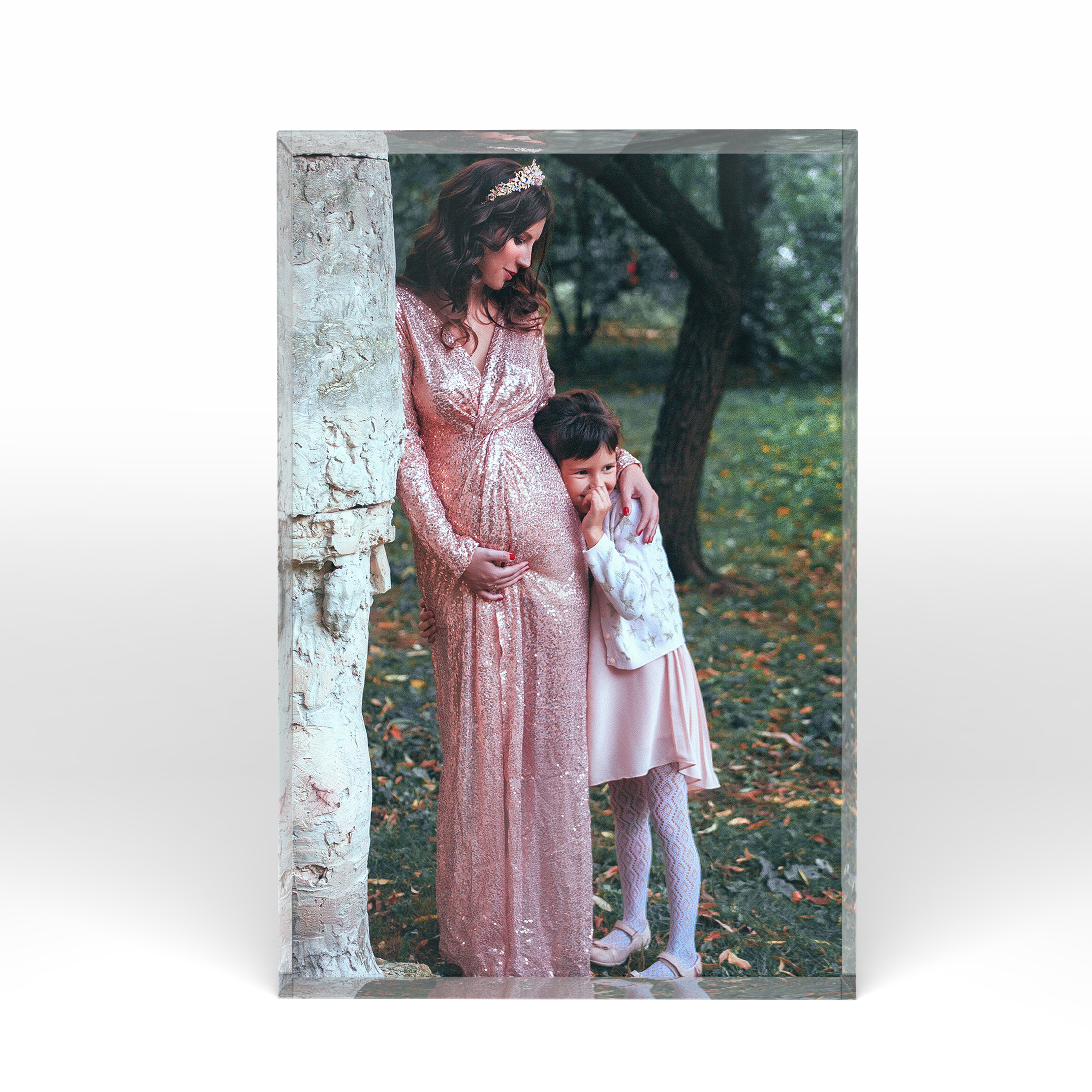 A front side view of a portrait layout Online acrylic photo blocks with space for 1 photo. Thiis design is named "Motherhood Magic". 