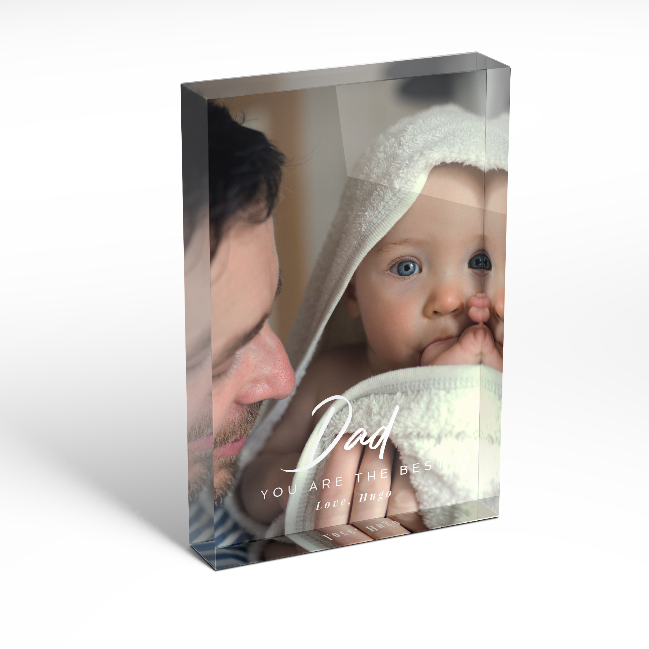 A front side view of a portrait layout Acrylic Glass Photo Block with space for 1 photo. Thiis design is named 'Papa's Presence'. 