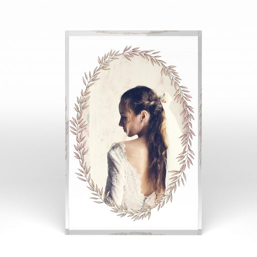 A front side view of a portrait layout Online acrylic photo blocks with space for 1 photo. Thiis design is named "Romantic Florals". 