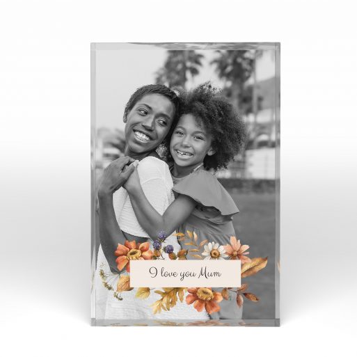 A front side view of a portrait layout Perspex Photo Blocks with space for 1 photo. Thiis design is named "Blooming Motherhood". 