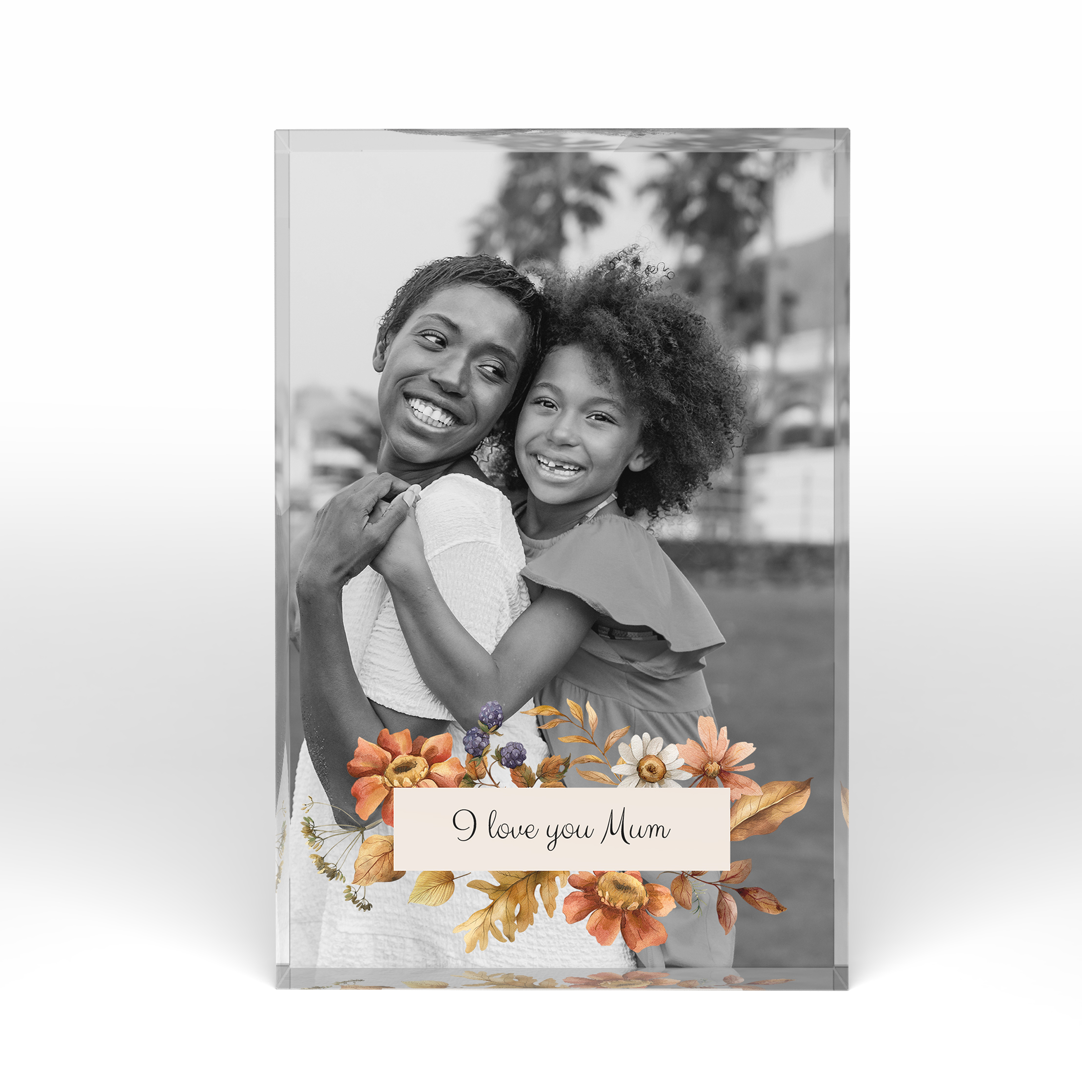 A front side view of a portrait layout Perspex Photo Blocks with space for 1 photo. Thiis design is named "Blooming Motherhood". 