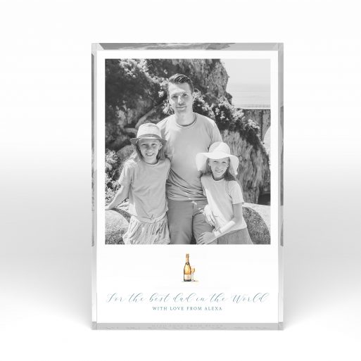 A front side view of a portrait layout Perspex Photo Blocks with space for 1 photo. Thiis design is named "Cheers to Dad". 
