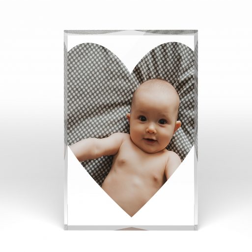 A front side view of a portrait layout Perspex Photo Blocks with space for 1 photo. Thiis design is named "Pride". 
