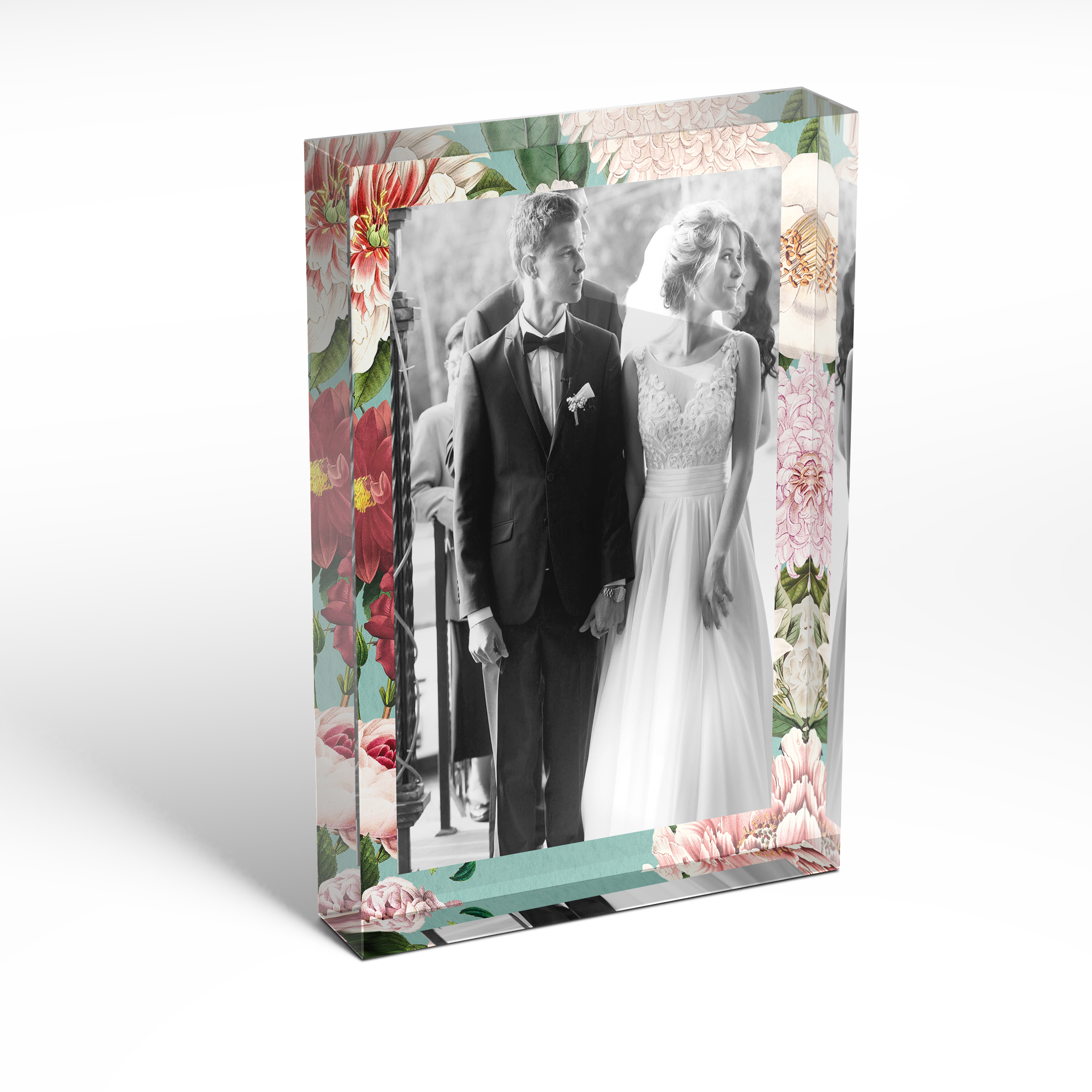 A front side view of a portrait layout Acrylic Photo Block with space for 1 photo. Thiis design is named 'Sealed with a Kiss'. 