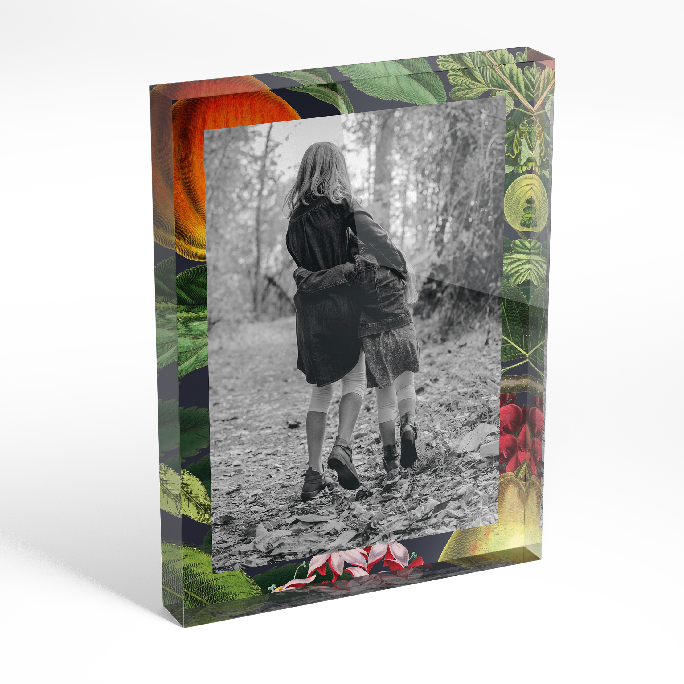 An angled side view of a portrait layout Perspex Photo Blocks with space for 1 photo. Thiis design is named "Vintage Floral Frame". 