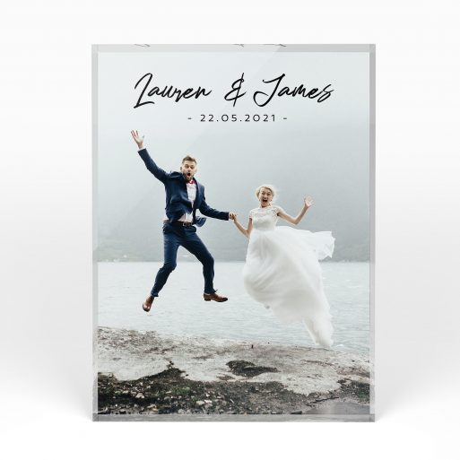 A front side view of a portrait layout Perspex Photo Blocks with space for 1 photo. Thiis design is named "Wedding Bliss". 