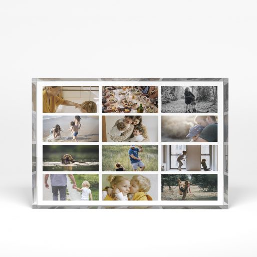 A front side view of a landscape layout Acrylic Glass Photo Block with space for 10+ photos. Thiis design is named "Collage of Life". 