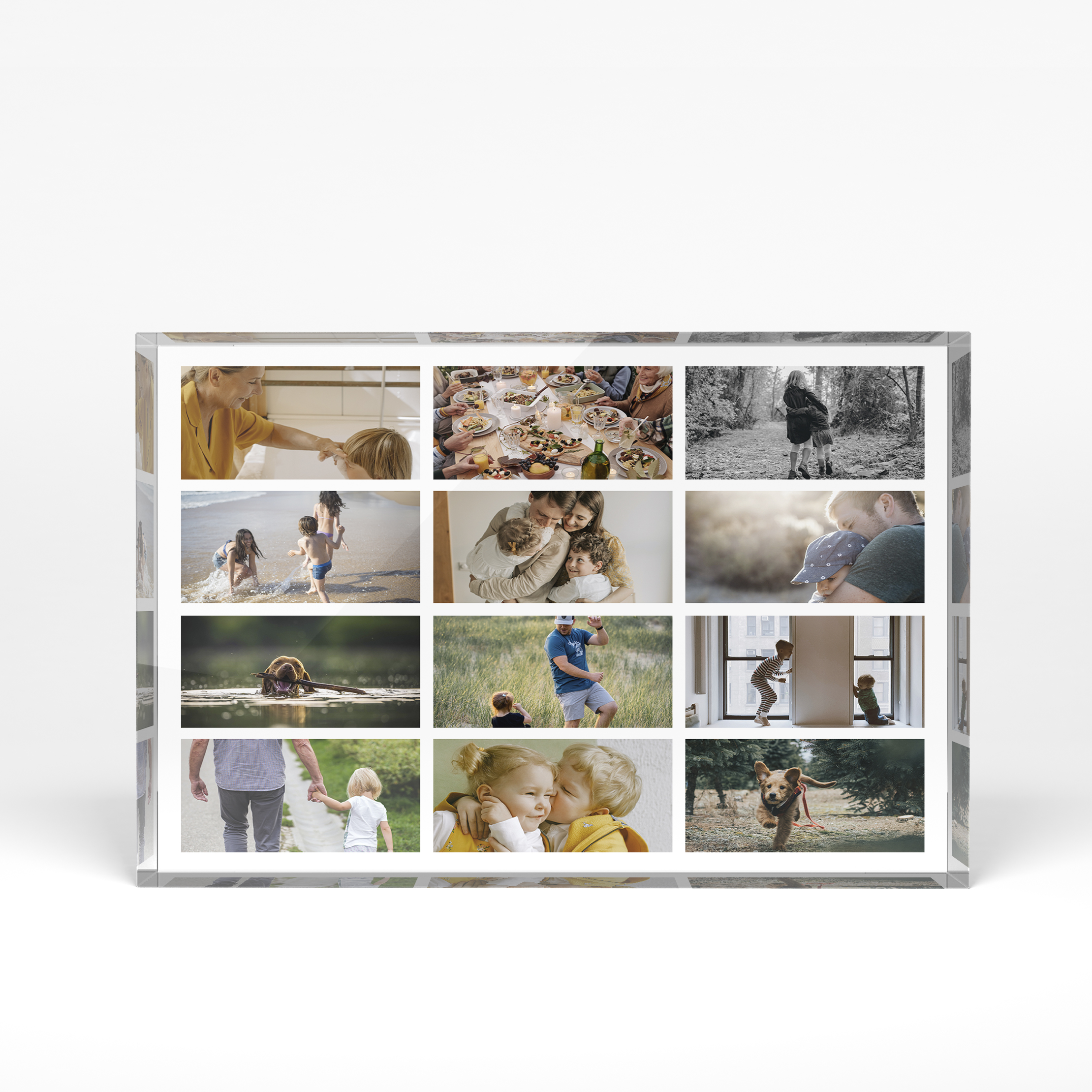 A front side view of a landscape layout Acrylic Glass Photo Block with space for 10+ photos. Thiis design is named "Collage of Life". 