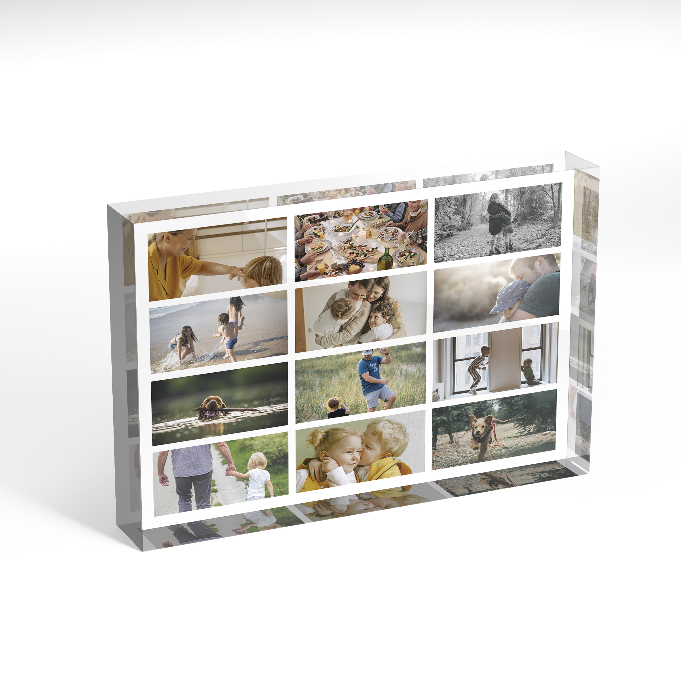 A front side view of a landscape layout Acrylic Glass Photo Block with space for 10+ photos. Thiis design is named 'Collage of Life'. 