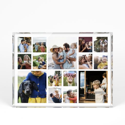A front side view of a landscape layout Acrylic Glass Photo Block with space for 10+ photos. Thiis design is named "Memories Overload". 