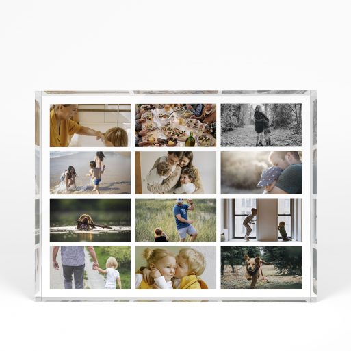 A front side view of a landscape layout Acrylic Photo Block with space for 10+ photos. Thiis design is named "Collage of Life". 