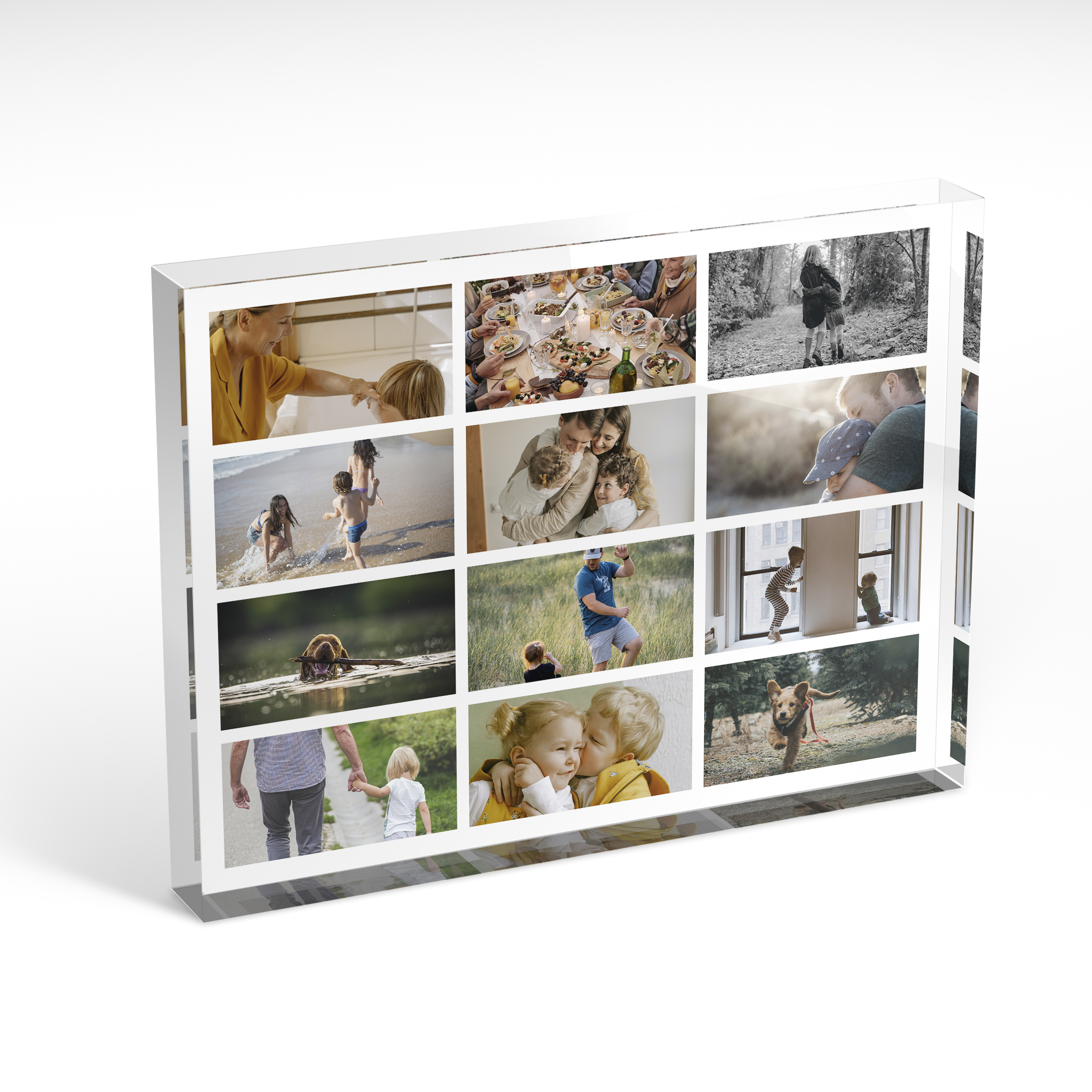 An angled side view of a landscape layout Acrylic Photo Block with space for 10+ photos. Thiis design is named "Collage of Life". 