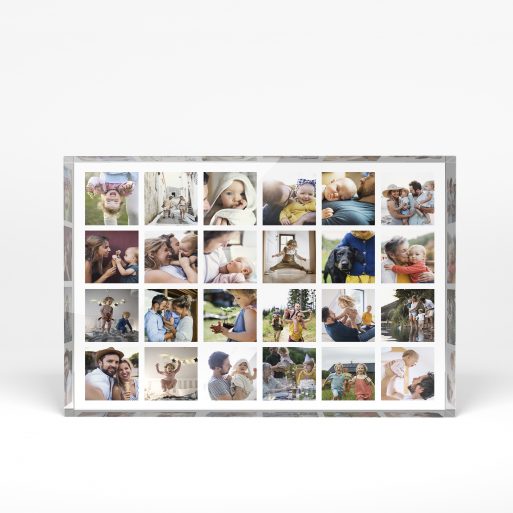 A front side view of a landscape layout Acrylic Photo Block with space for 10+ photos. Thiis design is named "Collage of Memories". 