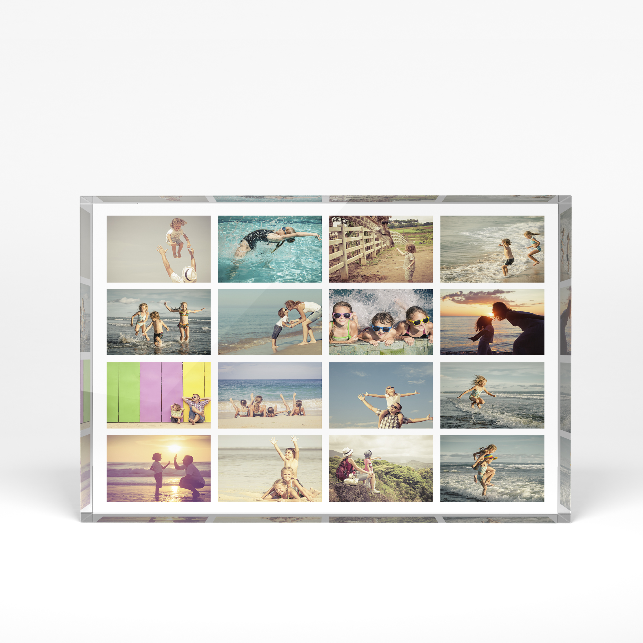 A front side view of a landscape layout Acrylic Photo Block with space for 10+ photos. Thiis design is named "Jumble". 