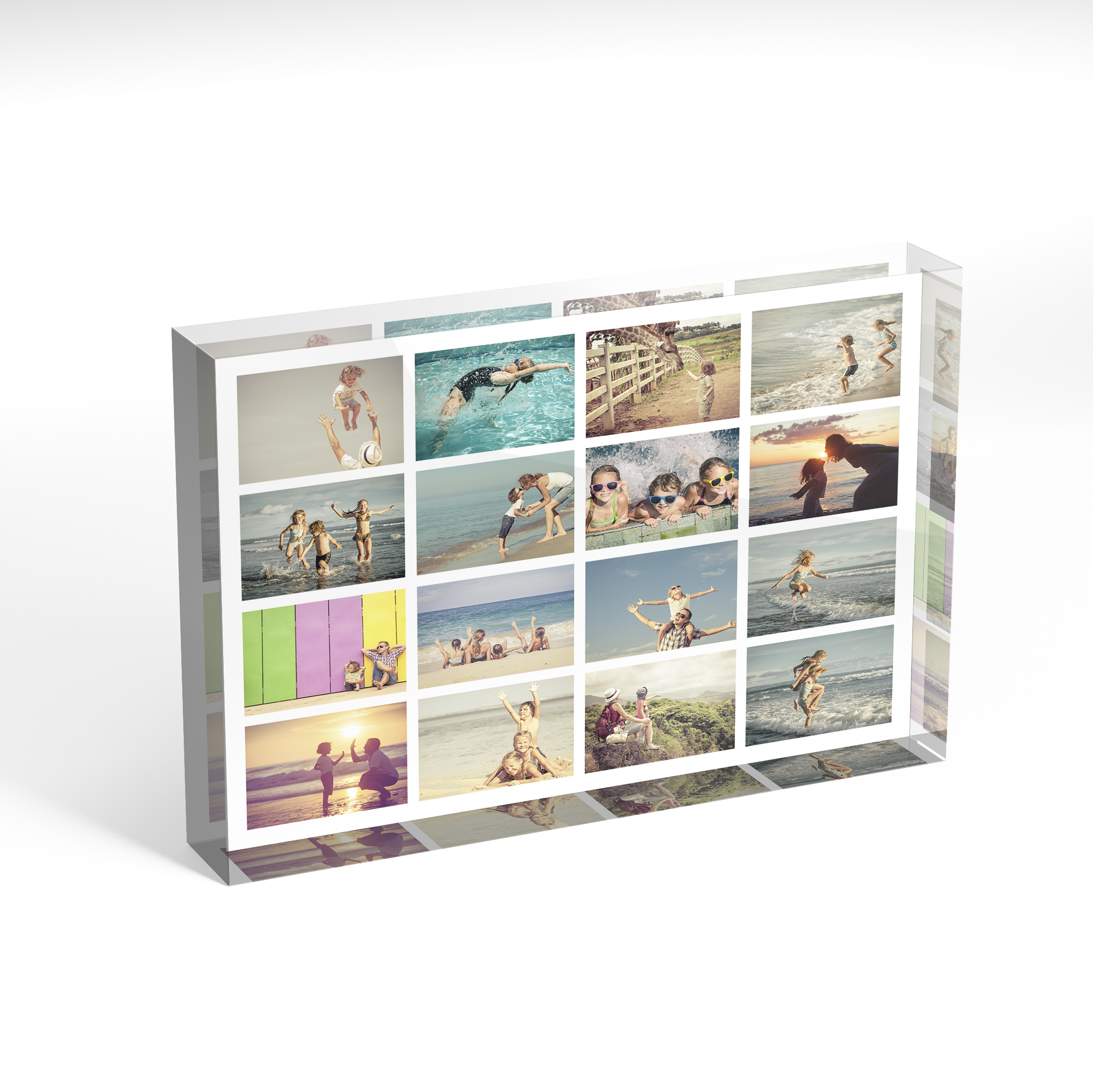 An angled side view of a landscape layout Acrylic Photo Block with space for 10+ photos. Thiis design is named "Jumble". 