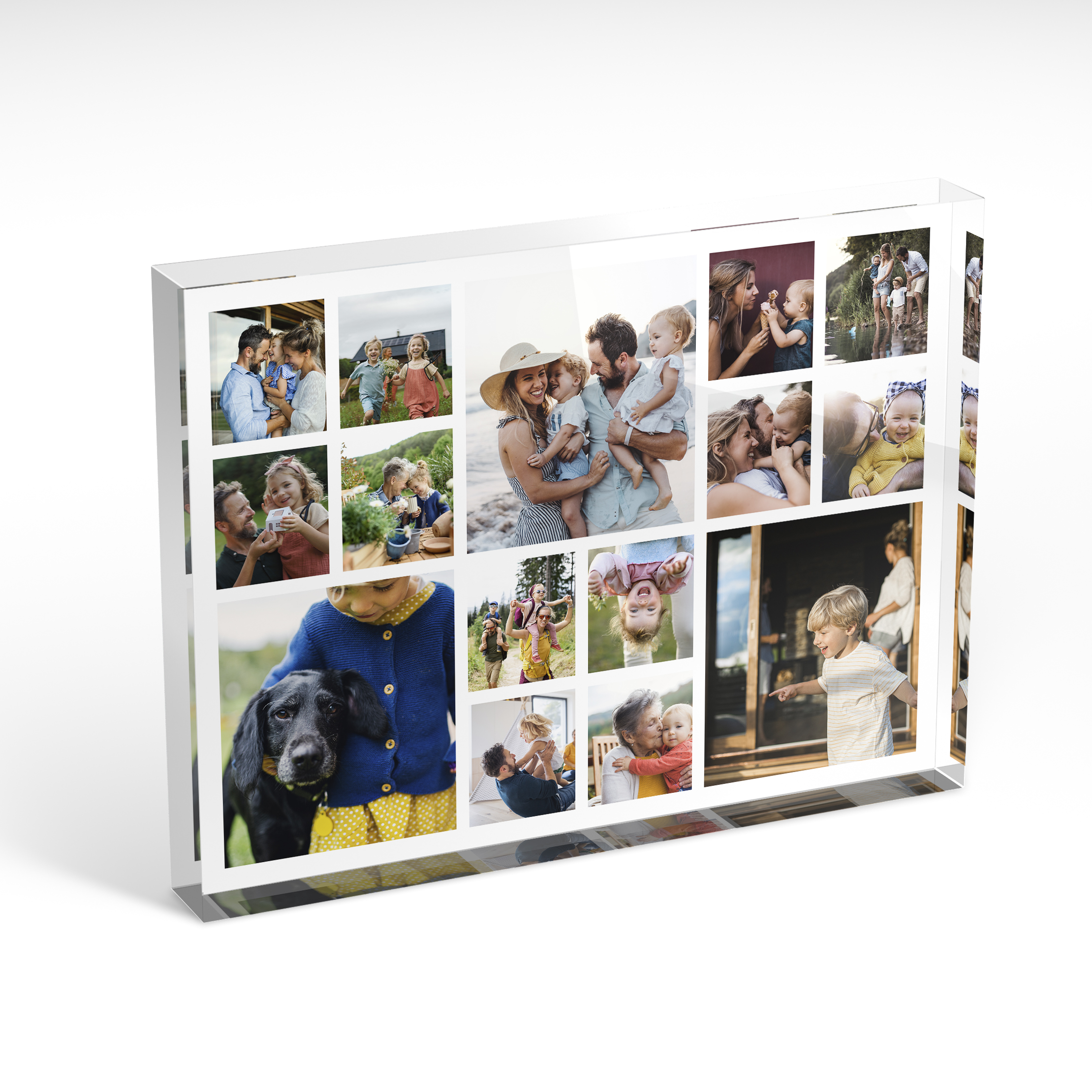 An angled side view of a landscape layout Acrylic Photo Block with space for 10+ photos. Thiis design is named "Memories Overload". 