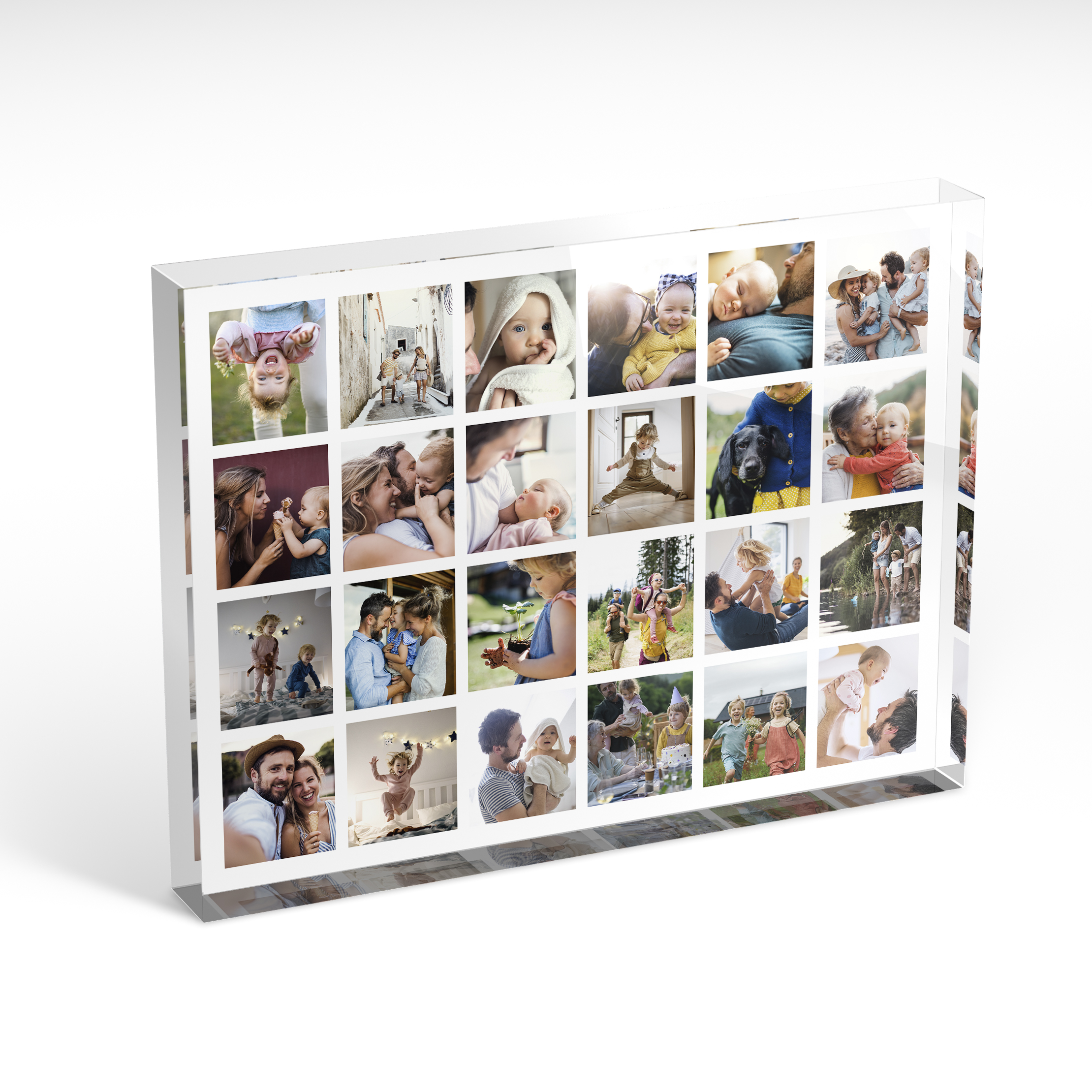 An angled side view of a landscape layout Online acrylic photo blocks with space for 10+ photos. Thiis design is named "Collage of Memories". 