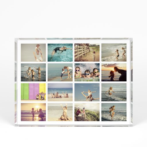 A front side view of a landscape layout Online acrylic photo blocks with space for 10+ photos. Thiis design is named "Jumble". 