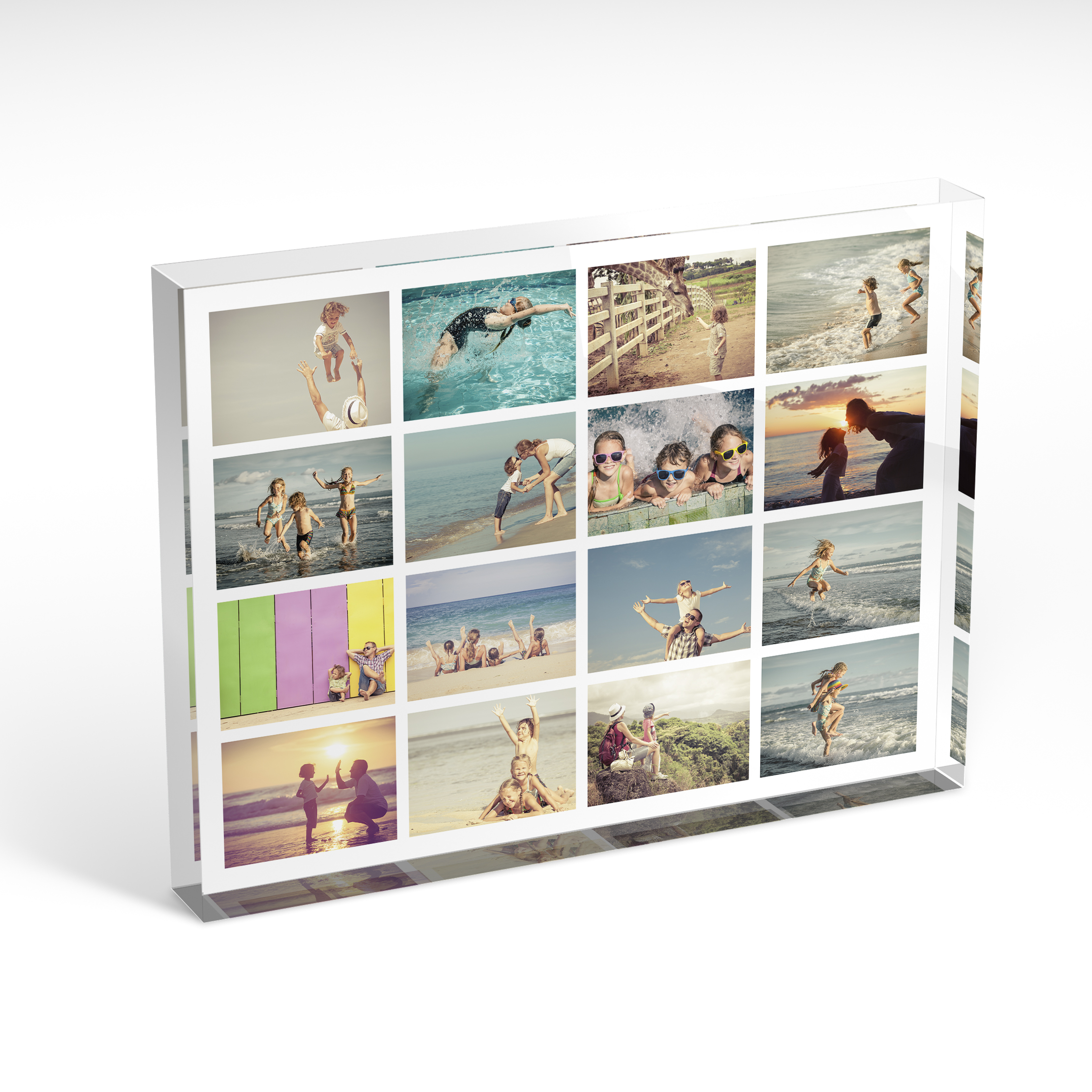A front side view of a landscape layout Online acrylic photo blocks with space for 10+ photos. Thiis design is named 'Jumble'. 