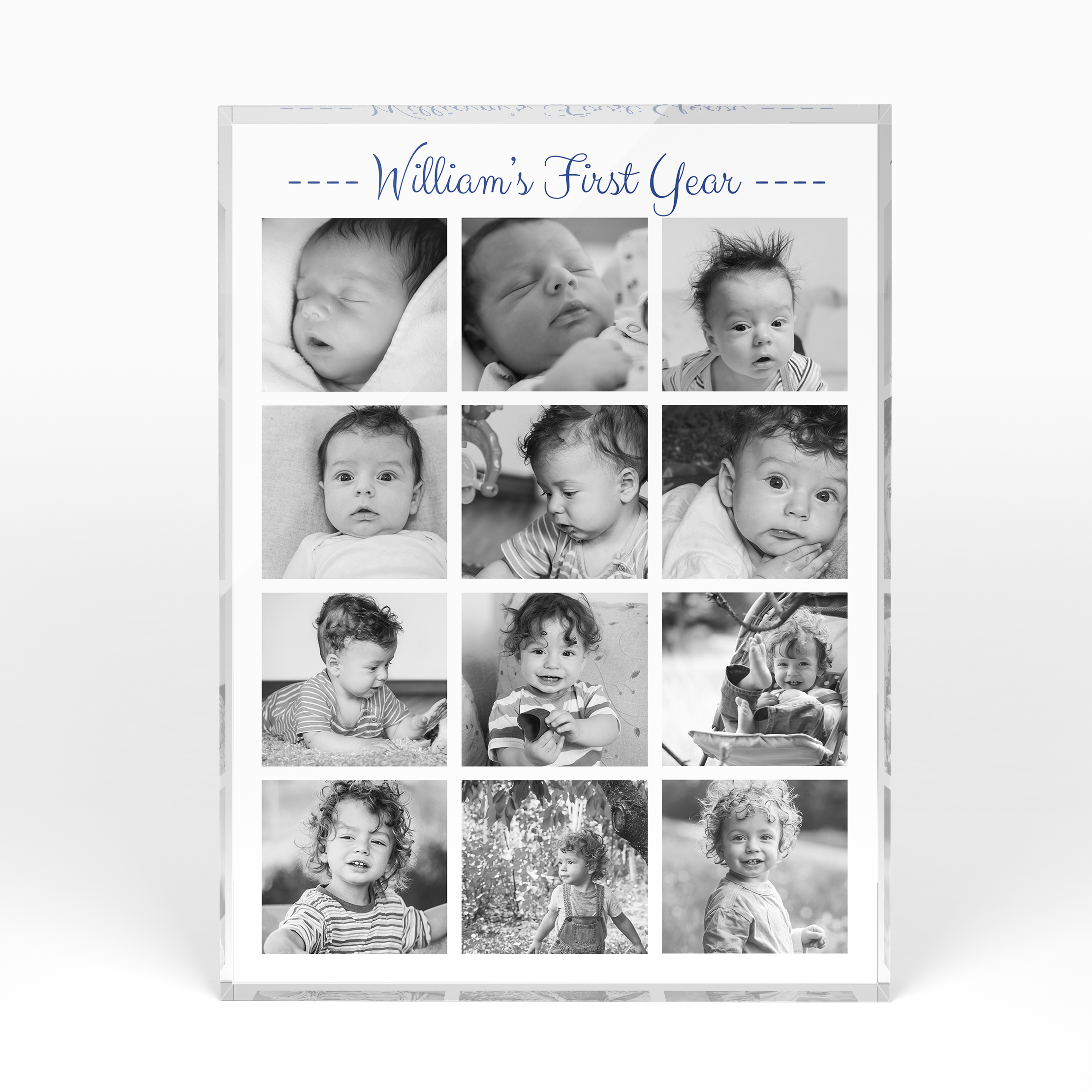 A front side view of a portrait layout Acrylic Glass Photo Block with space for 10+ photos. Thiis design is named "12 months and counting". 