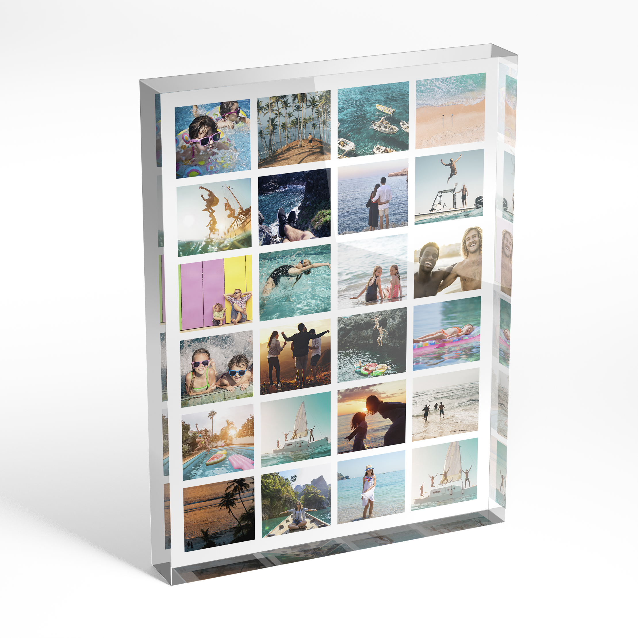 A front side view of a portrait layout Acrylic Glass Photo Block with space for 10+ photos. Thiis design is named 'Holiday Mosaic'. 