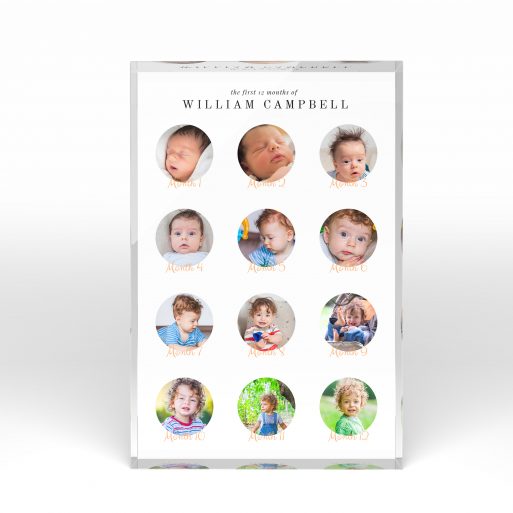A front side view of a portrait layout Acrylic Glass Photo Block with space for 10+ photos. Thiis design is named "Month by Month". 