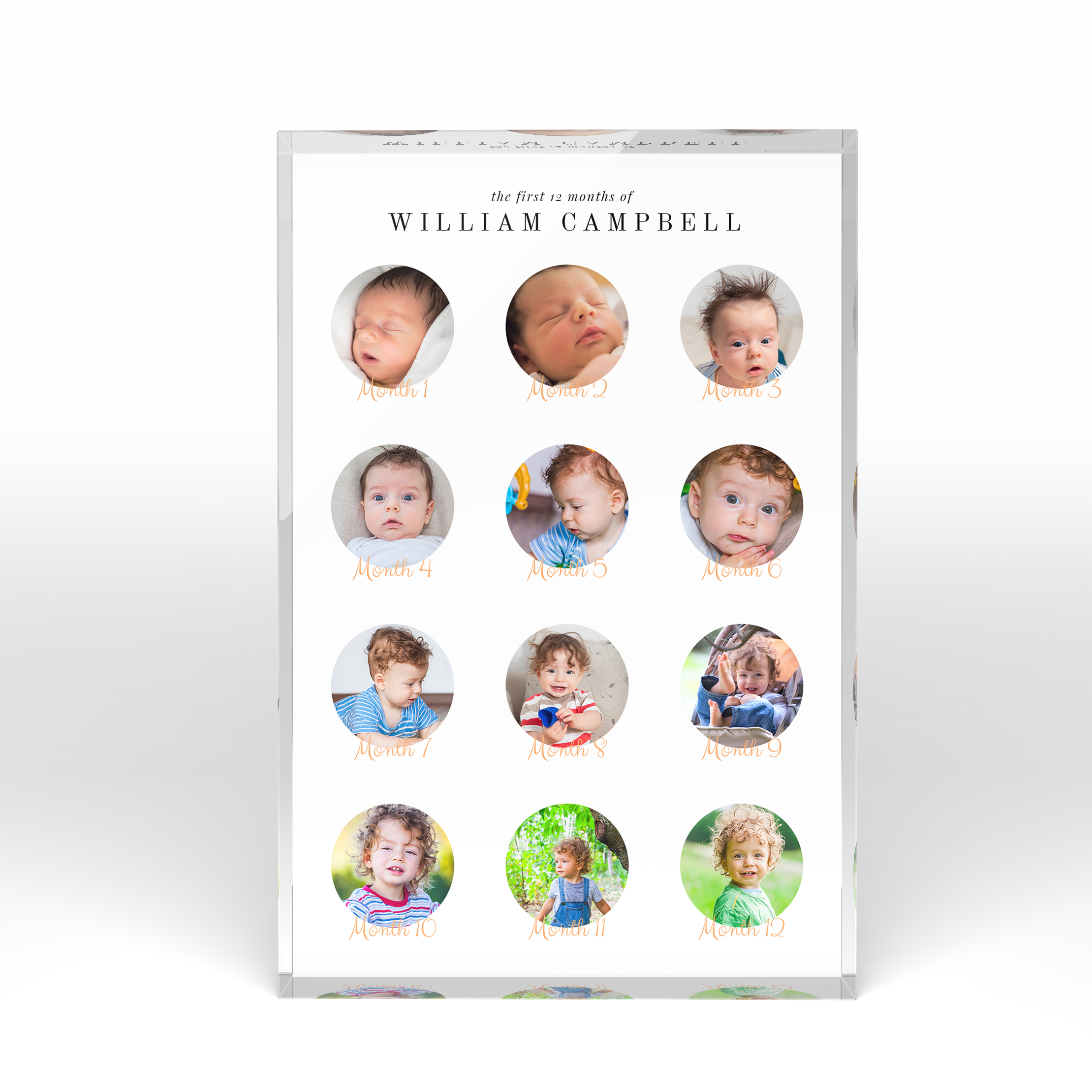 A front side view of a portrait layout Acrylic Glass Photo Block with space for 10+ photos. Thiis design is named "Month by Month". 