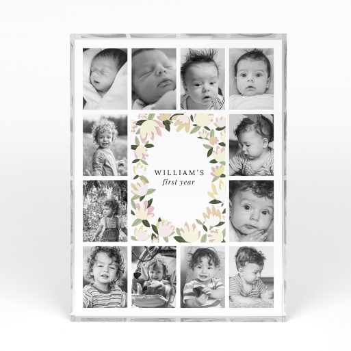 A front side view of a portrait layout Acrylic Glass Photo Block with space for 10+ photos. Thiis design is named "My first year". 
