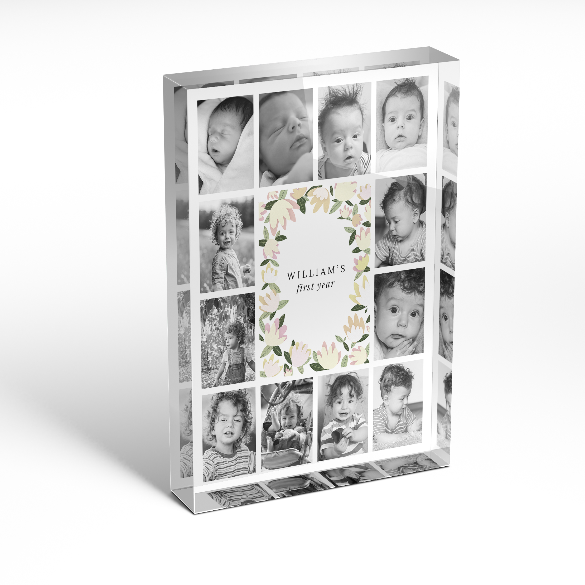 A front side view of a portrait layout Perspex Photo Blocks with space for 10+ photos. Thiis design is named 'My first year'. 