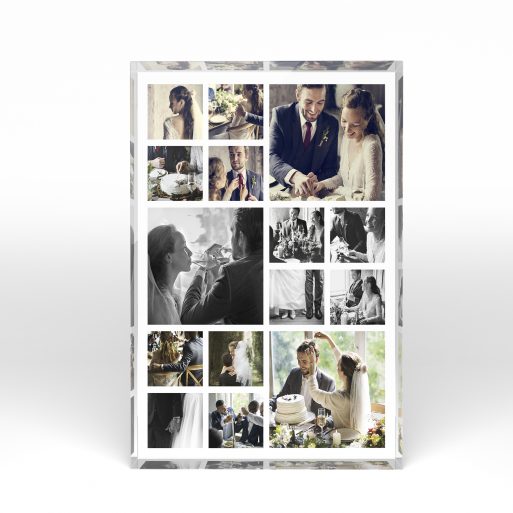A front side view of a portrait layout Acrylic Glass Photo Block with space for 10+ photos. Thiis design is named "My Montage". 