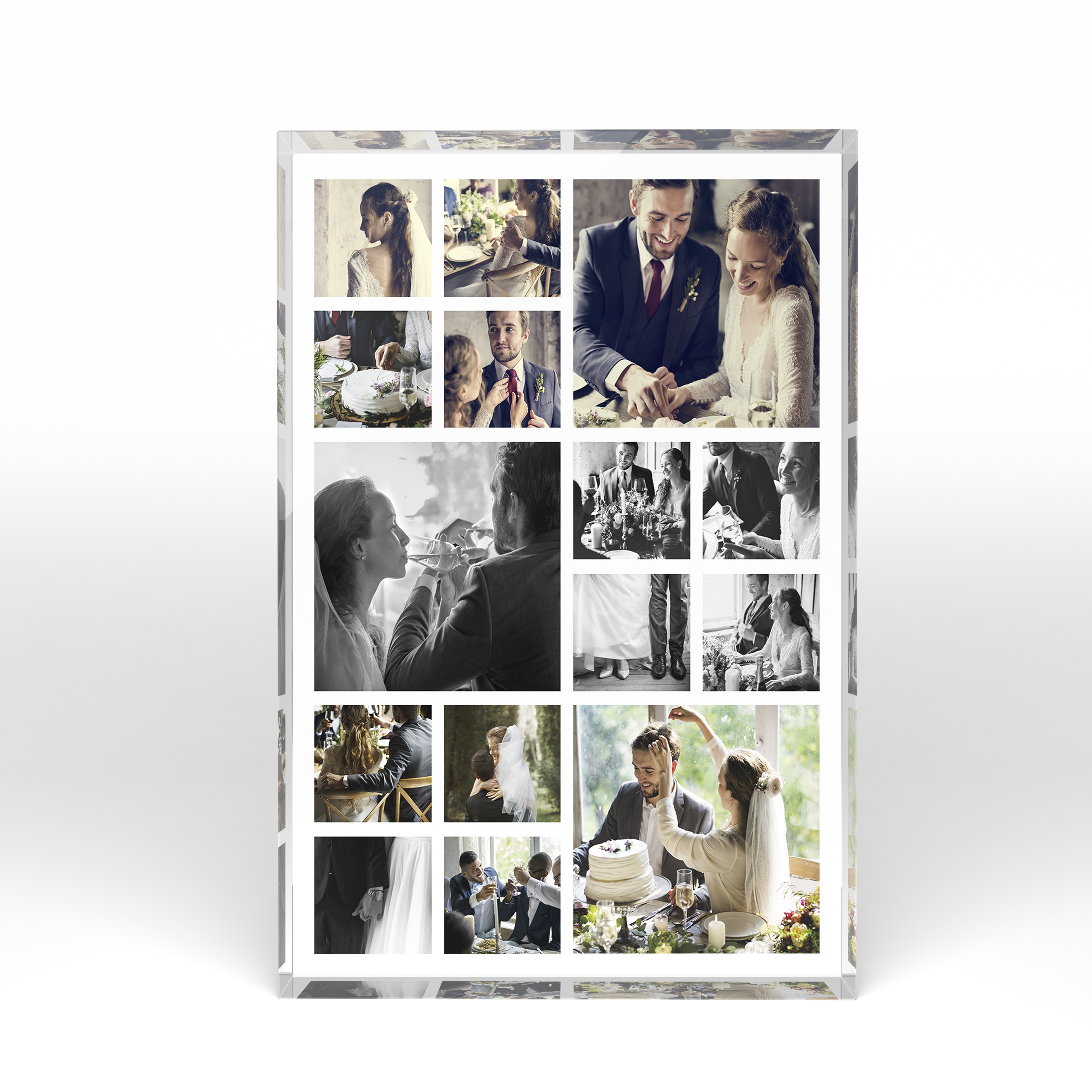 A front side view of a portrait layout Acrylic Glass Photo Block with space for 10+ photos. Thiis design is named "My Montage". 